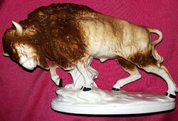Gyönyörű nagy méretű német Fasold & Stauch porcelán amerikai bölény figura 27x18 cm HIBÁTLAN