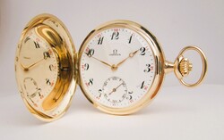 GYÖNYÖRŰ ,ANTIK OMEGA ,14K ARANY,DUPLAFEDELŰ ZSEBÓRA,1910-20 ÉVEK