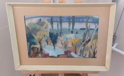 Vágfalvi Ottó szép képcsarnokos pasztell képe 60x42 cm kerettel