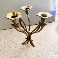 Vintage réz gyertyatartó virágkehely, réz gyertya tartó virág csokor 21 cm, három ágú gyertyatartó