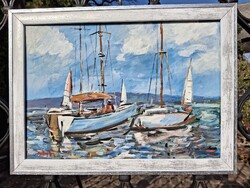 Balatoni vitorlások, tájkép olaj, karton 35x50 cm, olasz fehér ezüst képkeret külm:41,5x56,5 cm,