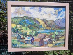 Zebegény tájkép, olaj, karton 33x43 cm, olasz bézs rózsa ezüst csíkkal képkeret külméret 37x46,5 cm