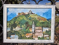 Sümeg vár tájkép olaj, karton 35x50 cm, olasz fehér ezüst képkeret külméret 41,5x56,5 cm