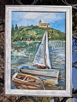Balaton, Tihany tájkép olaj, karton 35x50 cm, olasz fehét ezüst képkeret külméret 41,5x56,5 cm