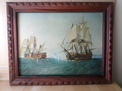 Festmény hatású kép vászon nyomat fa keretben tenger hajó csatajelenet 39 x 49 cm