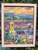 Szentendre tájkép, olaj, karton 27x34,5 cm, olasz bézs rózsa ezüst csíkkal képkeret külméret 31x37,5