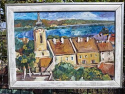 Szentendre házsor, olaj, karton 50x35 cm, olasz fehér ezüst képkeret, külméret 41,5x56,5 cm,
