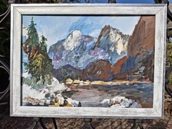 Tátra tájkép olaj, karton 35x50 cm, olasz fehér ezüst képkeret külméret 42x57 cm