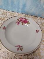 Zsolnay rózsás ritka porcelán mély tányér, arany széllel