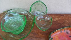 Art deco asztali üveg kínáló készlet urán zöld színben