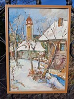 Nagybánya alak nélküli tájkép olaj, karton 35x50 cm,olasz terrakotta ezüst csík képkeret külm: 37x52