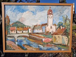 Nagybánya Zadar híddal tájkép, olaj, karton 35x49 cm,olasz terrakotta ezüst csík képkeret külm:37x52