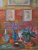 Farkas Eszter: Csendélet enteriőrben (Képcsarnok, 80x60) szobarészlet, festmények a falon, virágok