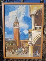 Velence tájkép, olaj, karton 35x50 cm, olasz terrakotta ezüst csík képkeret külm: 37x52 cm