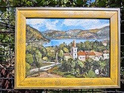 Dunakanyar Dömös tájkép olaj, karton 23,5x33 cm, olasz sárga ezüst képkeret külm: 30x40 cm