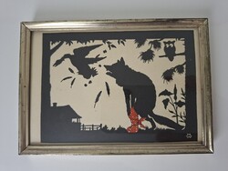 Régi jelzett keretezett Reinecke farkas mese illusztráció