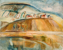 Egry József Badacsony 1935 reprodukció vászon nyomat vászonkép tájkép Balaton tó part házak szőlő