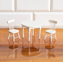 Vintage mini étkező asztal két székkel - bababútor, babaház kiegészítő, miniatűr, játék