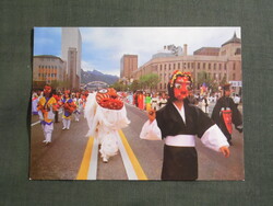 Képeslap,Ázsia,Dél-Korea,Seoul,Szöul,álarcos nemzeti fesztivál,népviselet látkép,részlet, 1988-