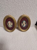 Antik stílusú páros miniatúra portrék – aranyozott ovális keretben