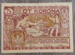 Pécs Városi szükségpénz  .  5 korona 1920 .  F2025