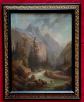 Antik biedermeier tájkép nagyon szép eredeti keretében