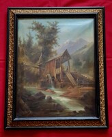 Antik biedermeier tájkép nagyon szép eredeti keretében