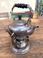 Régi antik Réz alpakka teáskanna vízforraló melegítő állvánnyal spiritusz égővel