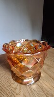 Antik karneváli üvegtál, narancs-arany irizáló színben, hullámos szélű, talpas, geometrikus mintával
