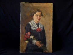 Stefán Henrik (1896 - 1971): Fiatal leány virággal, 70 x 45 cm olaj-vászon festmény, keret nélkül