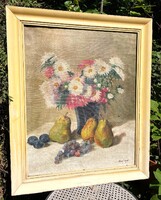 Romek Árpád (1883-1960) asztali csendélet virágokkal és gyümölcsökkel régi olaj festménye antik