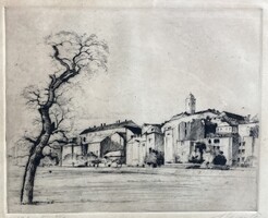 Beron Gyula (1885–1971): Attila út/utca, Krisztinaváros, limitált (61/1) antik rézkarc, 1920-as évek