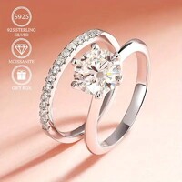 Moissanite Gyémánt Köves 1 Karátos Dupla Gyűrű 925 Tiszta Ezüst Ródium Bevonatú Ékszerdoboz Új!