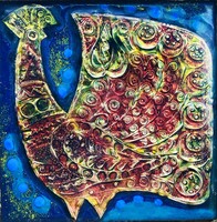 Lőrincz Vitus (1933-): Páva, iparművészeti tűzzománc kép, erdélyi székely motívum, 1970-es évek