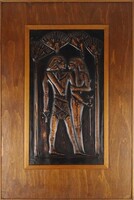 1W963 Réz egyiptomi dombormű fa táblán jelzett művészi munka 36.5 x 24.5 cm