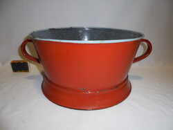 Régi, piros, zománcos, füles szűrő tál "Lampart" jelzéssel- népi, paraszti