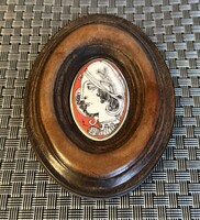 Hollóházi porcelán Szász Endre falidísz bőr keretben