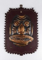 1W969 Retro réz dombormű falidísz, törzsi maszk bőr táblán 31 x 22 cm