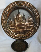 Retro copper-plated metal wall picture, Budapest, Sopron, diameter 29.7 cm, 11 cm.