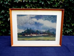 Weintrager Adolf (1927 - 1987):  Eső után,  40 x 50 cm-es akvarellje keretben