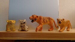 Nagymacskák - gepárd, leopárd, oroszlán, 2 tigris tömör műanyag állatfigurák retro játék