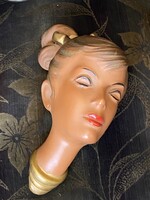 NÉMET, RETRO KERÁMIA FALIMASZK, COPFOS NŐI PORTRÉ FALIDÍSZ 24.5 CM