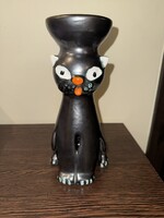 Vintage/ retro/ kézműves  fekete kerámia macskás gömb gyertyatartó, sérülésmentes 24 cm