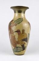 1X454 Festett, színes madaras, indiai réz váza 20.5 cm