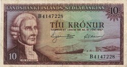 10 krónur korona 1957 juni 21. Izland 7 jegyű sorszám