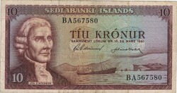 10 krónur korona 1961 marz 29.. Izland 6 jegyű sorszám