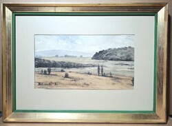 Dobroszláv Lajos: Őszi táj (keretezett festmény, Képcsarnokos) akvarell, tatai festő