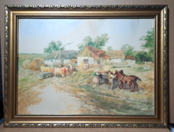 Wallburg Egon: Falusi életkép lovakkal, tehenekkel 67 x 48 cm + keret! 1940, Zórád Ernő