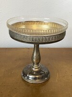 ALPAKKA TALPAS, DÍSZES KÍNÁLÓTÁL, GYÜMÖLCSTÁL, METSZETT ÜVEG BETÉTTEL 24 CM