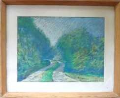 Lupták Mihály: Erdei út napfényben (pasztell kerettel 42x52 cm, 1992) természet, erdő, tájkép, szín